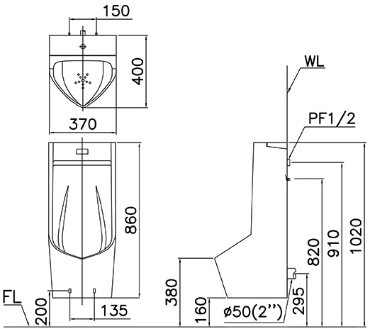 Bản vẽ bồn tiểu Caesar UA0283