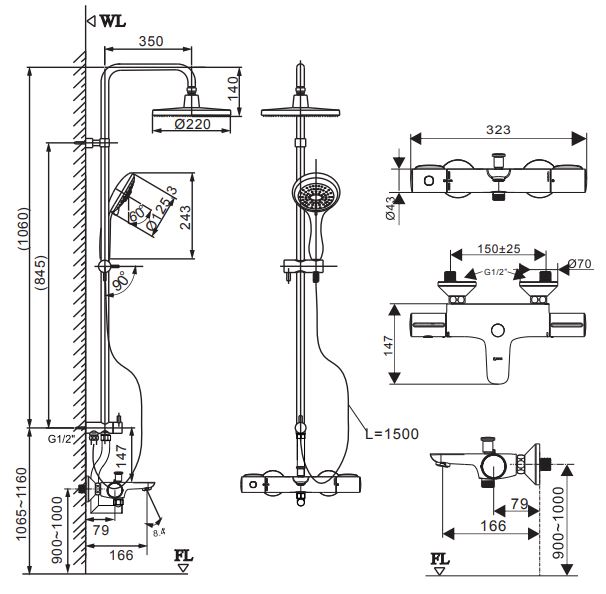 Bản vẽ vòi sen cây INAX BFV-3415T nóng lạnh