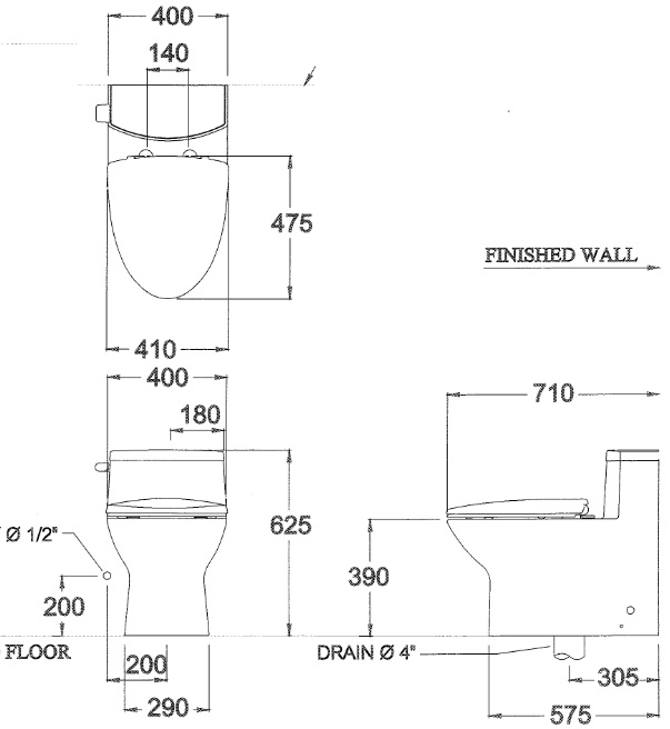 Bản vẽ bồn cầu C10127 COTTO 1 khối