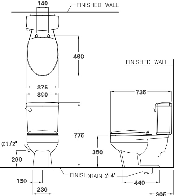 Bản vẽ bồn cầu C1163 COTTO dòng Vadoria 2 khối