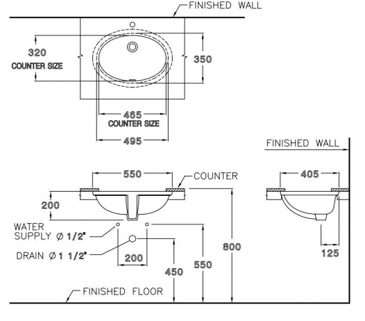 Bản vẽ kỹ thuật chậy lavabo Cotto âm bàn C017