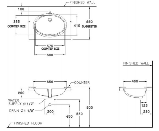 Bản vẽ kỹ thuật chậu lavabo âm bàn Cotto C0171