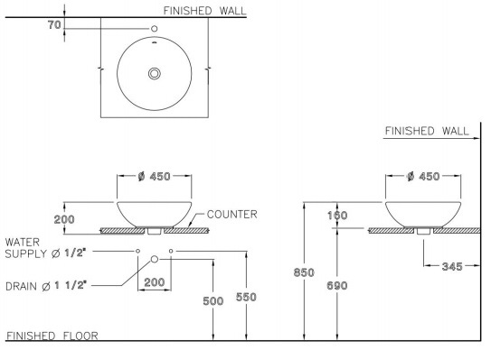 Bản vẽ kỹ thuật Chậu lavabo đặt bàn Cotto C0015