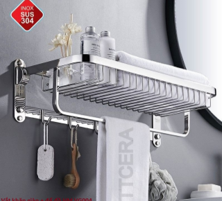 Vắt khăn giàn có móc áo + kệ để đồ inox 304 HM VG004